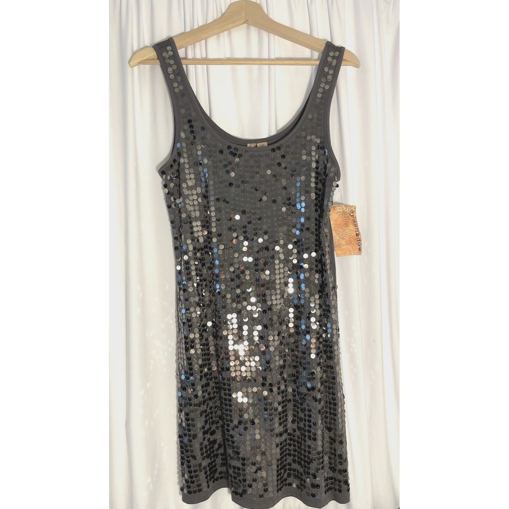 Eyeshadow Gray Silver Sequin T-Shirt Dress Sz Large NWT Party Cocktail Flowy Fun